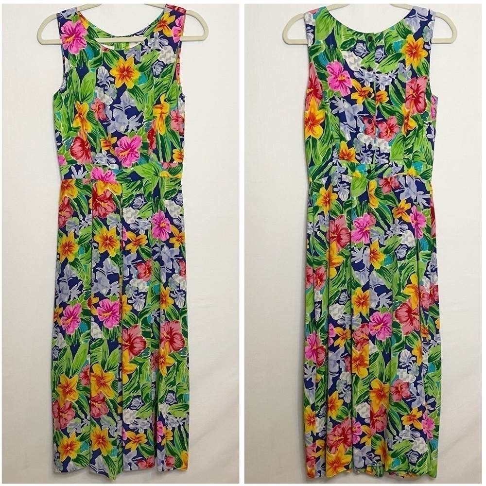 Talbots Silk Tropical Floral Pleated Button Back Midi Dress Vintage 90s